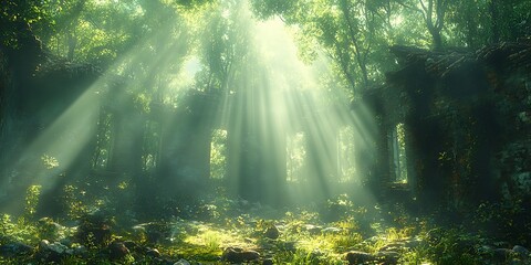 Sunrays through forest trees