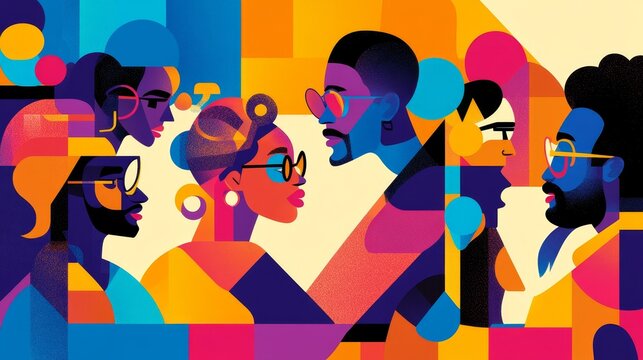 A vibrant illustration depicting diverse individuals engaged in conversation, showcasing connection and community.