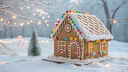 Fototapeta premium Festive Gingerbread House with Christmas Lights