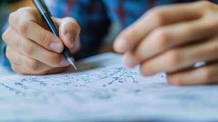 A close-up of a hand writing complex differential equations