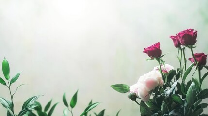 A serene arrangement of roses and peonies against a soft, blurred background.