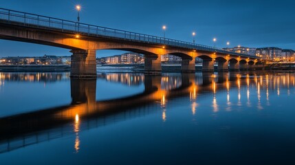 Fototapeta premium A serene evening view of a bridge illuminated by streetlights, reflecting on calm water.