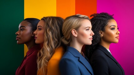Four diverse women in profile, showcasing confidence against vibrant colored backgrounds.