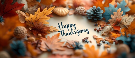 a warm, inviting thanksgiving banner with the text of "Happy Thanksgiving" with autumn leaves. happy thanksgiving banner with dried leaves decoration