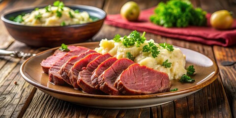 Delicious Plate of Sliced Corned Beef with Creamy Mashed Potatoes and Parsley Garnish - Comfort Food Delight