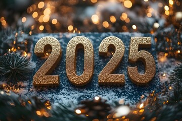 a bold new year banner with "2025" in elegant gold lettering on a festive, deep blue background, surrounded by sparkling lights and confetti, exuding a celebratory mood. 2025 happy new year banner