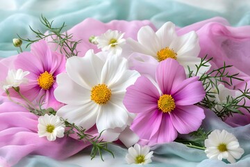 A vibrant arrangement of pink and white flowers set against soft pastel fabrics, creating a delicate and colorful aesthetic.