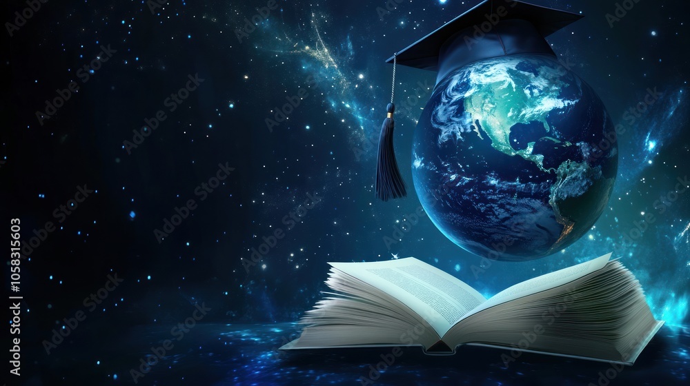 Poster A floating globe above an open book in a cosmic background symbolizes knowledge and exploration.