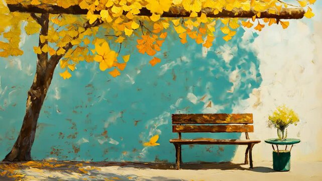 oil painting style animation scenery, yellow  fallen ginkgo leaf fall on road with a wooden bench under tree shade