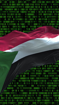 Sudan flag - 3D realistic waving flag on matrix digital background with binary code