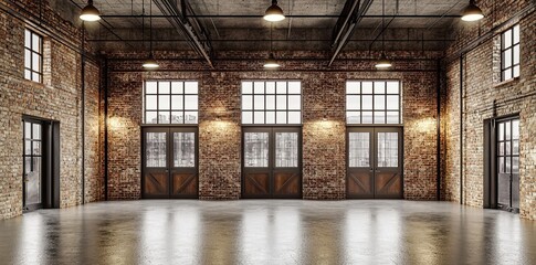 A large, empty industrial warehouse with three tall windows on the right side of an old brick wall, and two doors in the front. The walls have concrete panels painted black. There is no furniture insi