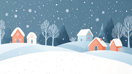 An illustration of a beautiful snowy landscape with mountains, trees, and cabins in winter. It is suitable for background pictures, flat designs, simple shapes.