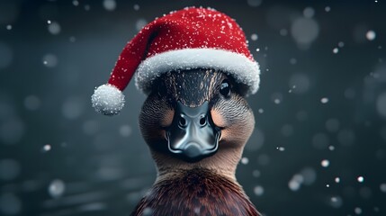 Obraz premium A festive duck wearing a Santa hat, surrounded by falling snowflakes, captures a whimsical holiday spirit.