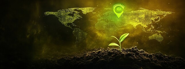 Fototapeta premium A young plant growing in soil with a digital world map in the background, symbolizing growth and the interconnectedness of our planet.