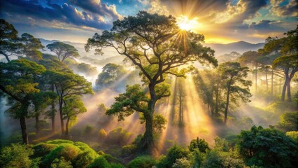 Fototapeta premium Enchanted Foggy Forest at Dawn: Mystical Low Light Photography of Ancient Trees and Ethereal Landscapes