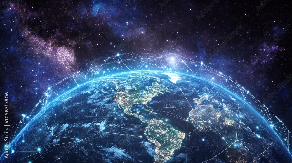 Poster a digital representation of earth connected by a network of lines, symbolizing global connectivity.