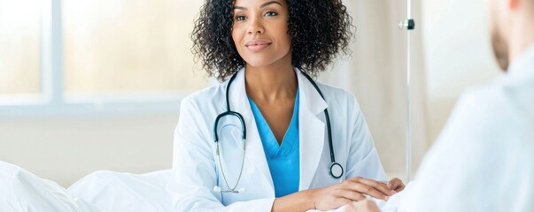 confident female doctor in white coat with stethoscope, engaging with patient in bright medical setting, conveying care and professionalism