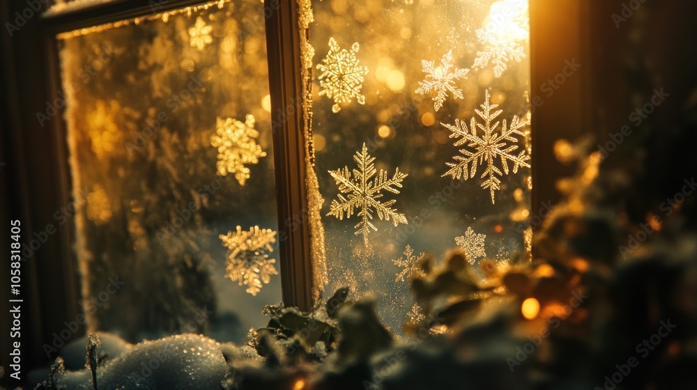 Poster a close-up of a windowpane with intricate snowflakes frozen to the glass, illuminated by the warm gl