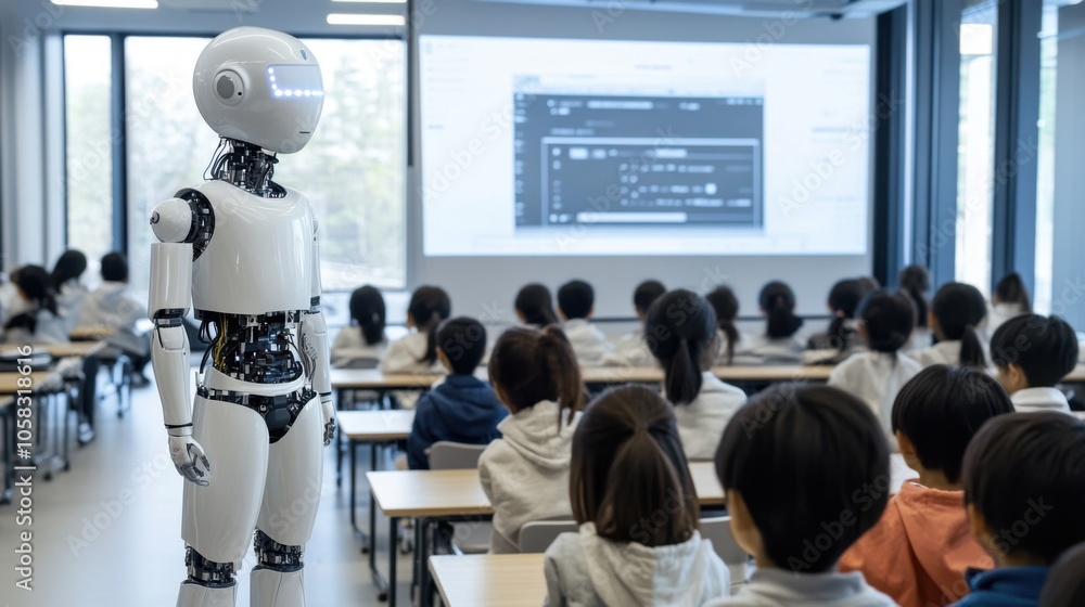Poster a futuristic classroom where ai models created by google deepmind