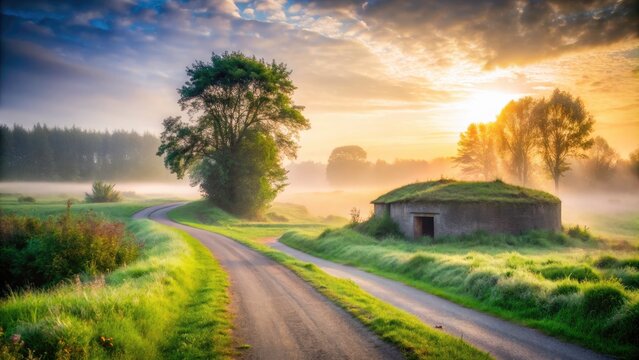 Foggy Bunker on Country Road Near Culemborg at Dawn - Night Photography of a Serene Meadow Landscape