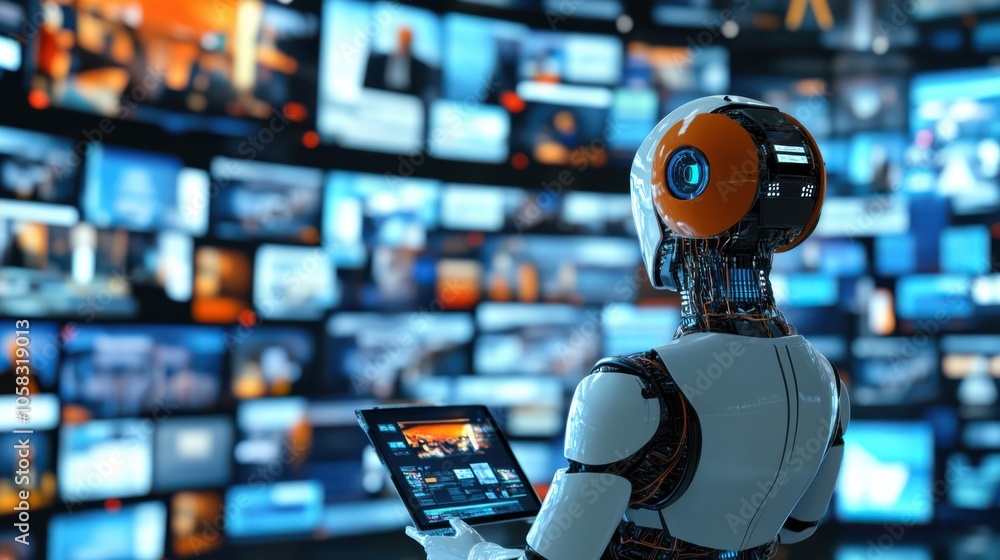 Aufkleber a futuristic newsroom where ai is creating content for multiple