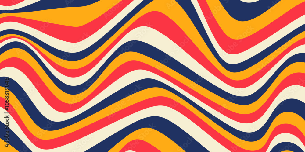 Poster Abstract horizontal background with dynamic waves. Trendy vector illustration in style retro 60s, 70s. Red, yellow, beige and blue colors	