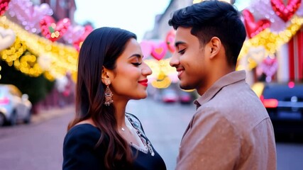 Young Indian couple on a street decorated for Valentine's Day. Embracing the spirit of love, this couple enjoys a romantic day together.