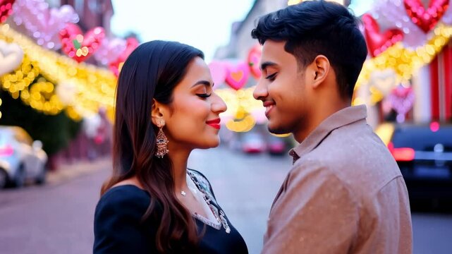 Young Indian couple on a street decorated for Valentine's Day. Embracing the spirit of love, this couple enjoys a romantic day together.