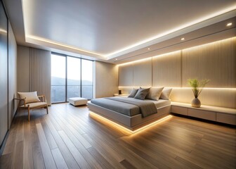 High-Definition Minimalist Room with Soft Corner Lighting for Contemporary Interior Design, Clean Lines, Serene Atmosphere, and Sophisticated Aesthetic in Modern Spaces