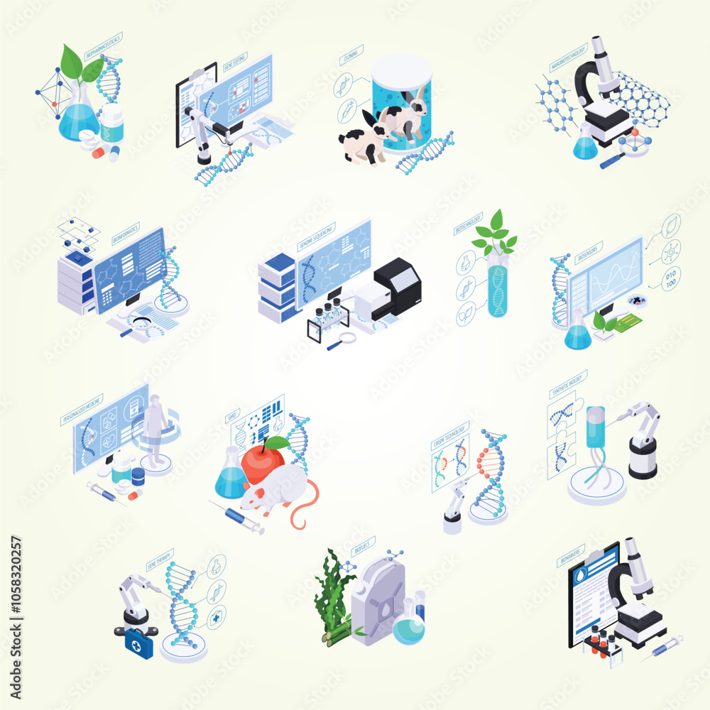 Wall mural set with isolated biotechnology compositions of isometric icons with lab equipment molecular structu
