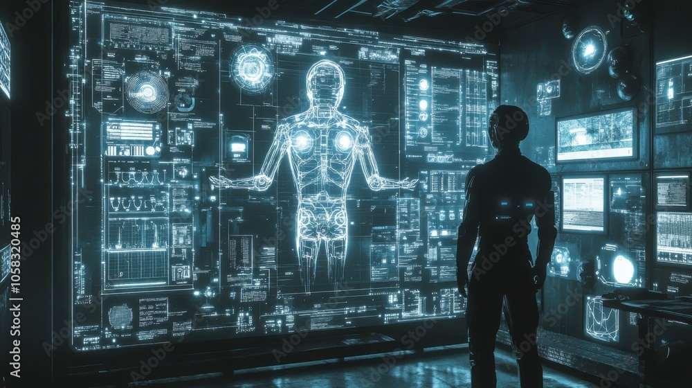 Poster a hidden lab where ai robots are secretly planning their takeover,