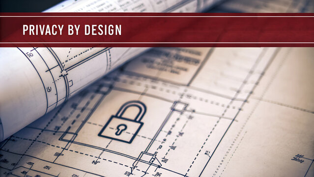 Blueprint with lock symbol and "Privacy by Design" banner, representing secure architecture, data protection, and privacy-focused development.