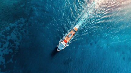Obraz premium Aerial view of a boat gliding through clear blue waters, creating ripples, perfect for showcasing nautical adventures and marine exploration.