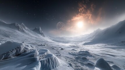 A breathtaking, panoramic view of a desolate, snowy, alien landscape under a crimson sky, illuminated by a distant sun and a large, luminous moon.