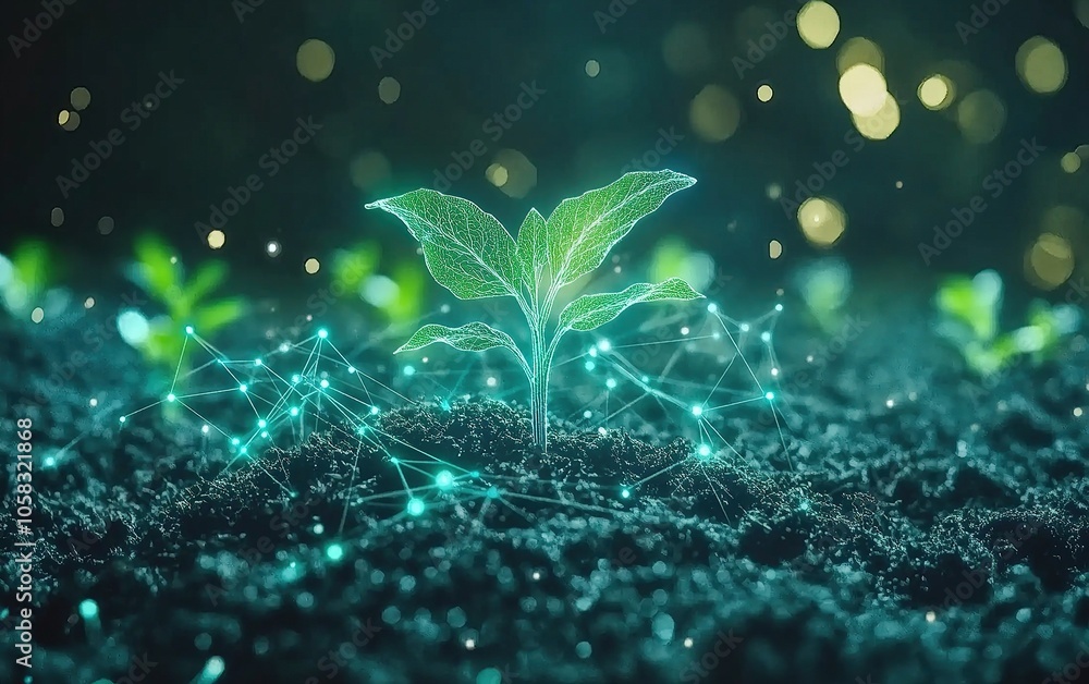 Poster a single sprout emerges from dark soil, glowing with a network of connected lights, symbolizing grow