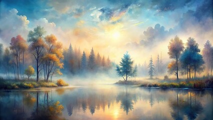 Fototapeta premium Wet-on-wet watercolor technique creates a dreamy, ethereal effect on a misty landscape, misty landscape, watercolor texture, soft brushstrokes