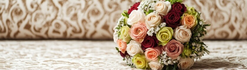 A beautiful bouquet of mixed roses arranged elegantly on a decorative surface.