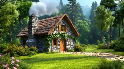 Obraz premium Serene Mountain Cabin by the Tranquil Lake