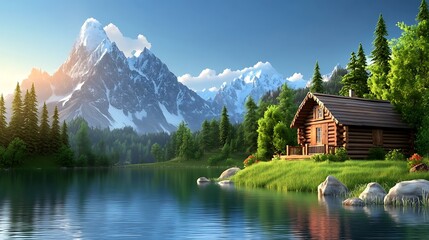 Obraz premium Serene Mountain Cabin by the Tranquil Lake