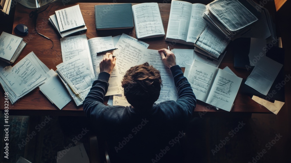 Poster a mathematician sitting at a desk filled with textbooks, working