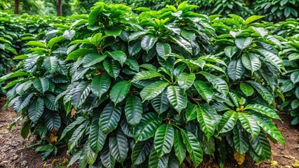 Coffee plant with dense foliage and a sprawling habit, growing in the shade, foliage, plant life, greenery