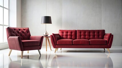 Modern Minimalist Portrait of a Red Sofa with Burgundy Chair Home Decoration, Isolated on White Background, Perfect for Interior Design and Furniture Catalogs