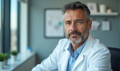Fototapeta premium A serious professional man doctor dressed in a white uniform sitting at his desk in a clinic, looking directly at the camera with a confident and focused expression