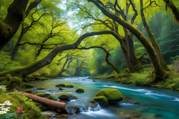 Vibrant, 8K landscape image of untouched forests, clear rivers, and lush mountains.