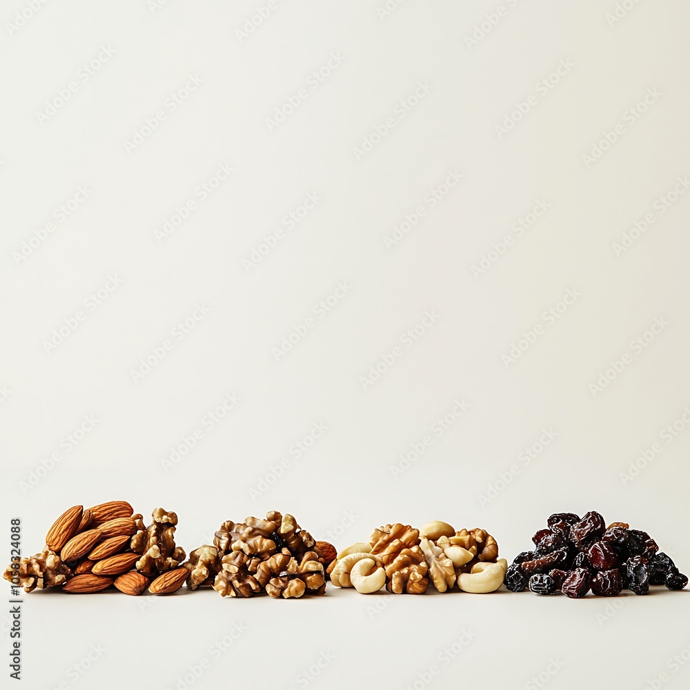 Poster an array of assorted nuts and dried fruits displayed in a row against a neutral background, showcasi