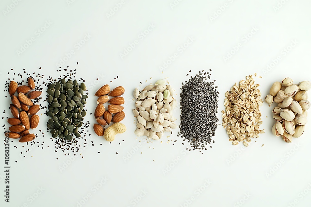Poster a vibrant assortment of various nuts and seeds arranged neatly on a light background, showcasing the