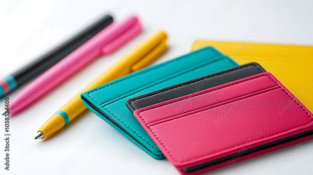 Poster colorful cardholders with pens and a notepad arranged neatly, perfect for organizing essentials in a