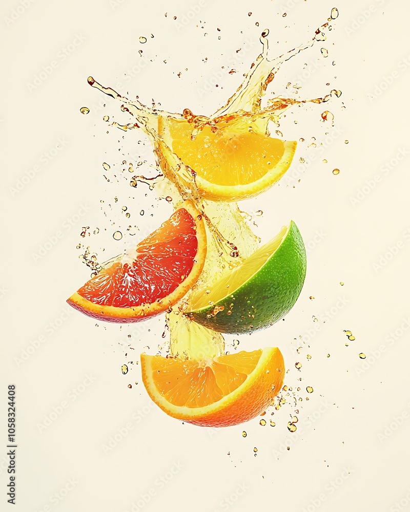 Aufkleber vibrant citrus slices splashing with juice, creating a refreshing and dynamic visual of orange, lime