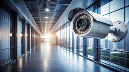Security Camera Monitoring Modern Hallway with Sleek Design and Ambient Lighting for Enhanced Safety and Surveillance, Featuring Contemporary Architecture and High-Tech Features