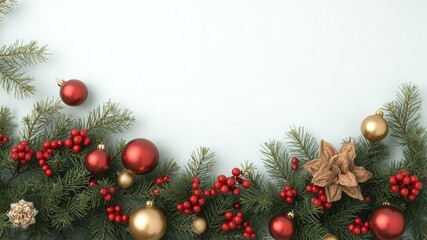 Christmas frame made of pine tree branches with red and gold ornaments, rustic, xmas, pine